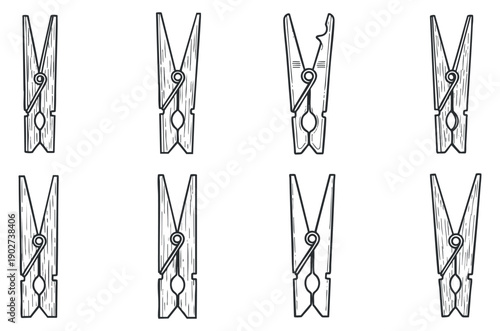 A set of eight hand-drawn wooden clothes pins in black and white outline vector style, suitable for home decor and craft projects