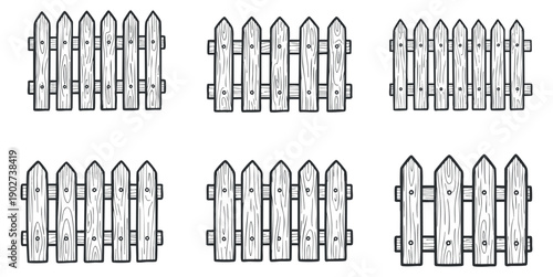 A collection of wooden picket fences in outline vector style, perfect for garden design and landscaping projects