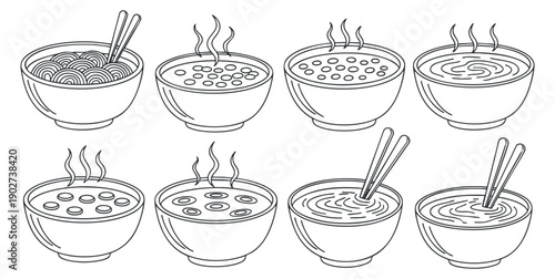 A collection of steaming bowls of noodles and soup with chopsticks in minimalist line art vector style, perfect for culinary illustrations and menu design