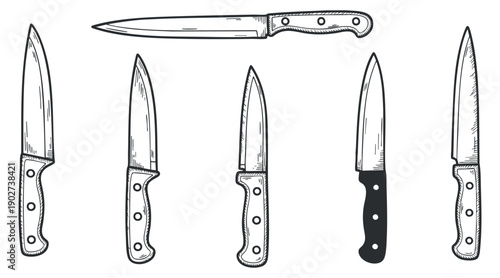 A collection of five different kitchen knives in black and white outline vector style, perfect for culinary design and cooking projects