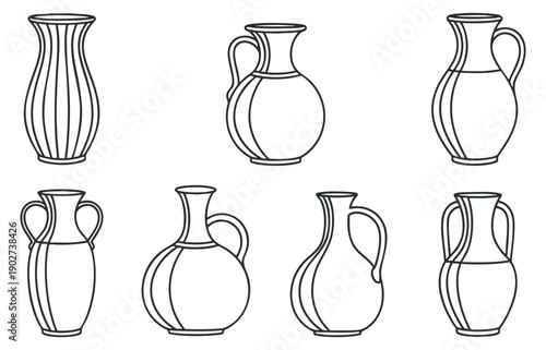 A collection of six elegant line art vases and jugs in minimalist outline style, ideal for home decor and design projects