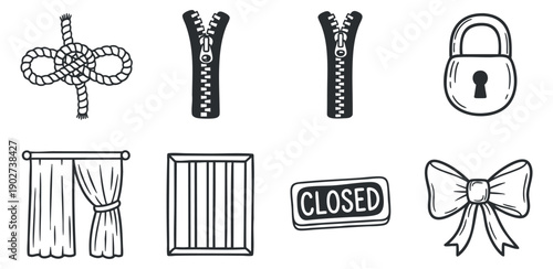 A collection of icons including a knot, zippers, a padlock, curtain, closed sign, and a bow in black and white hand-drawn vector style, ideal for design projects and creative uses