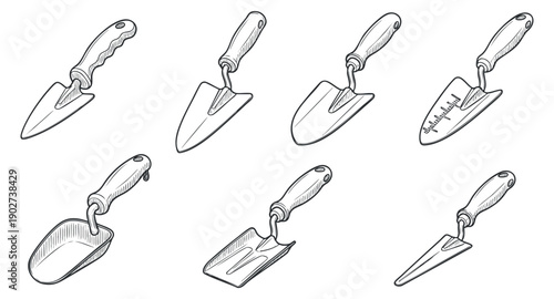 A collection of gardening tools including trowels and shovels in black and white sketch style, perfect for gardening projects