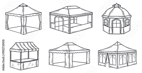 A collection of six different tent designs in black and white outline vector style, suitable for event planning and outdoor activities