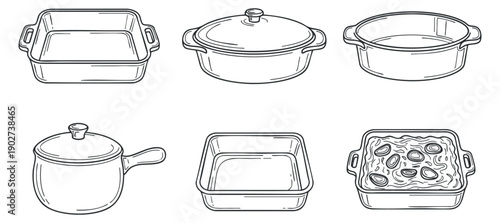A set of various cooking pots and baking dishes in outline minimalist vector style, suitable for culinary branding and kitchen design