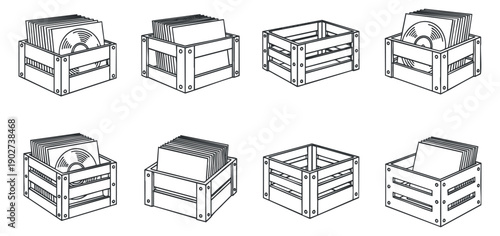 A collection of outlined wooden crates and boxes in minimalist vector style, suitable for storage and organization design projects