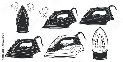 A set of various steam irons in black and white outline vector style, perfect for household and laundry design projects