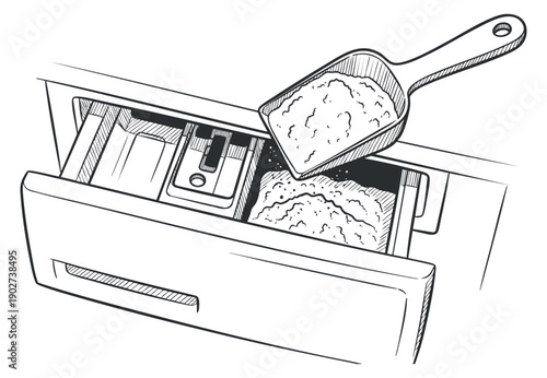 A sugar scoop measuring sugar from a kitchen drawer in black and white minimalist vector style, perfect for culinary design projects