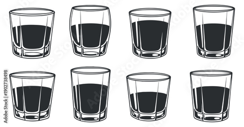 A set of eight outline glasses featuring various beverage styles in minimalist vector design, suitable for bar and restaurant branding