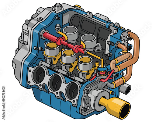 Automotive engine cutaway illustration, detailed mechanical cross-section showing cylinders, pistons, valves, fuel flow, and internal combustion system engineering structure.