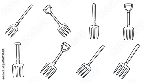 A collection of gardening tools including forks and a shovel in black and white outline vector style, suitable for agricultural design projects