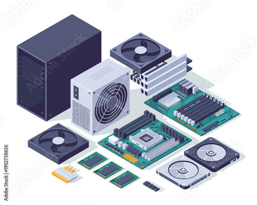 Computer hardware components illustration, isometric view of PC parts including motherboard, processor, power supply, storage, cooling fans, and electronic system assembly.