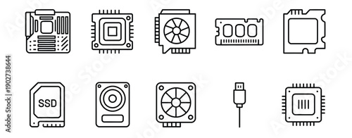 Computer hardware outline icon set, line symbols featuring processor, memory, cooling fan,s storage cables, and electronic components.