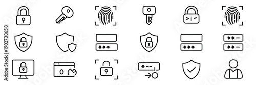 Cyber security outline icon set, modern line symbols featuring authentication, privacy, access control, identity protection, and data safety systems.