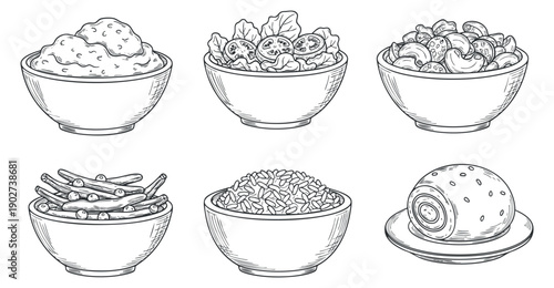 A collection of six bowls featuring rice, noodles, salad, and snacks in black and white outline vector style, ideal for food-related designs