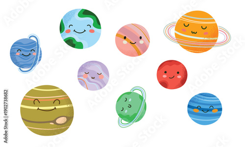 Cute solar system planet set with funny faces. Hand-drawn celestial characters for nursery decor, space posters, and kids education. Bright astronomical clip art.