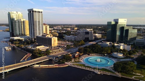Jacksonville, Florida waterfront. Aerial view of a large park and water fountain.
