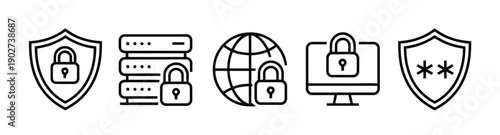 Cyber security line icon set, data protection server privacy network safety authentication, and digital system defense symbols.