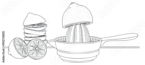 A lemon juicer with sliced lemons and oranges in minimalist outline vector style, ideal for kitchenware branding and food illustrations
