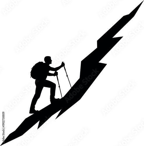 A silhouette of a person hiking on a steep mountain trail with a backpack