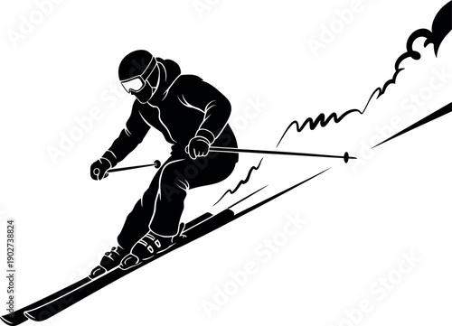 A skier in motion on a snowy slope with ski poles