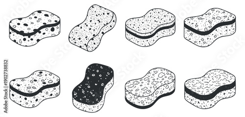 A set of sponge icons in black and white minimalist vector style, perfect for cleaning product branding and design