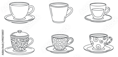 A set of six different cups and saucers in black and white line art vector style, perfect for kitchen or cafe branding