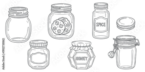 A collection of outlined jars including cookie jar, spice container, and honey pot in minimalist vector style, ideal for kitchen and culinary designs