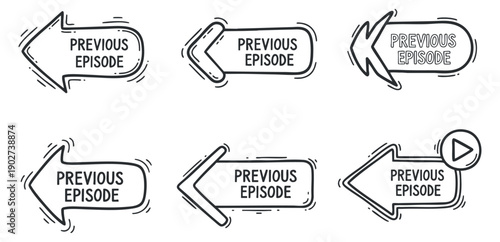 A collection of previous episode navigation buttons with arrows in black and white minimalist vector style, ideal for media player interfaces