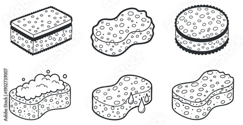 A collection of various sponge illustrations in flat outline vector style, ideal for cleaning and hygiene projects
