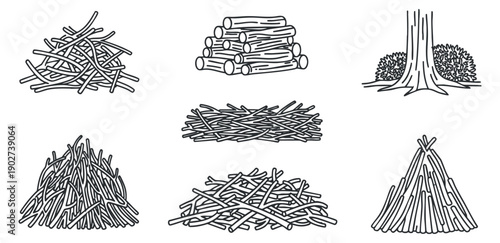 A collection of various wood sticks and logs in minimalist outline vector style, suitable for nature-themed designs and outdoor projects