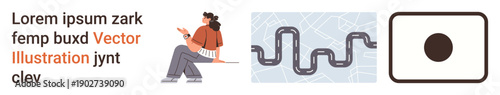 Education, navigation, creativity, abstract ideas, communication, design processes. A woman sitting, a curvy path on a map and an abstract dot-centered shape. Education and navigation concepts