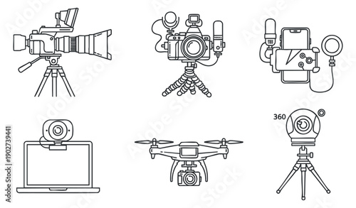 A collection of various camera equipment including a DSLR, drone, webcam, and laptop in flat outline vector style, suitable for photography and videography projects