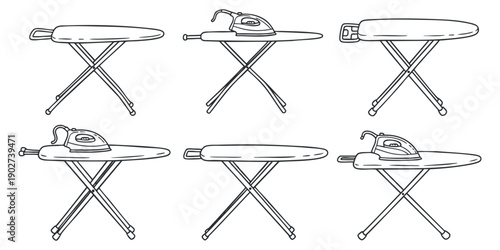 A collection of ironing boards and irons in minimalist outline vector style, perfect for home cleaning and laundry design