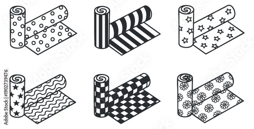A set of decorative patterned fabric rolls in black and white vector style, ideal for creative design projects