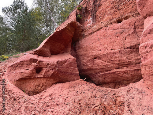 Dark pink clay rock among the forest.