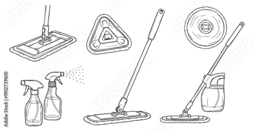 A collection of cleaning tools including a mop, spray bottles, and a cleaning pad in minimalist vector outline style, suitable for home care and cleaning services