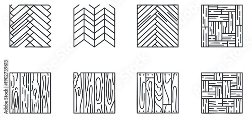 A collection of nine wood texture patterns in black and white minimalist vector style, suitable for interior design and creative projects