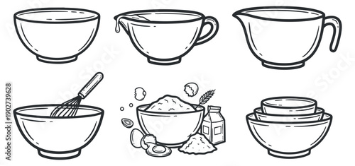 A set of various kitchen bowls in black and white outline vector style, suitable for culinary and cooking design projects
