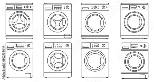 A set of eight washing machine icons in minimalist black and white outline vector style, ideal for laundry service branding