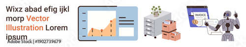 Business analytics, data management, automation, financial processing, AI technology, office workflow. Graph display, file cabinets invoice robot. Business analytics and data management