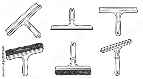 A collection of various types of squeegees and cleaning tools in black and white outline vector style, ideal for cleaning service branding