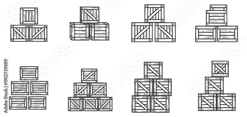 A collection of wooden crates and boxes in outline vector style, ideal for logistics and shipping designs