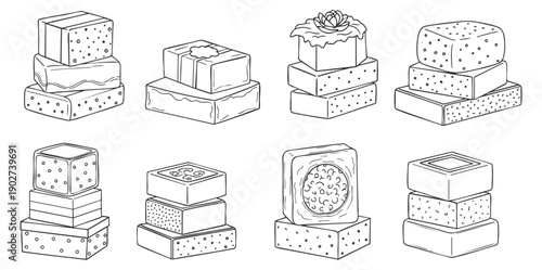 A collection of various gift boxes with decorative designs in black and white outline vector style, ideal for festive occasions and celebrations