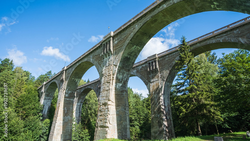 Tall historic concrete arch bridge in forest