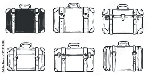 A collection of six vintage-style travel bags and suitcases in hand-drawn outline vector style, suitable for travel-themed designs