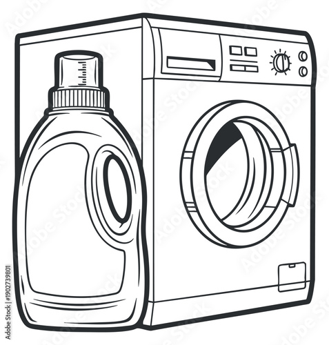 A washing machine and detergent bottle in black outline vector style, suitable for home appliance branding or cleaning service design
