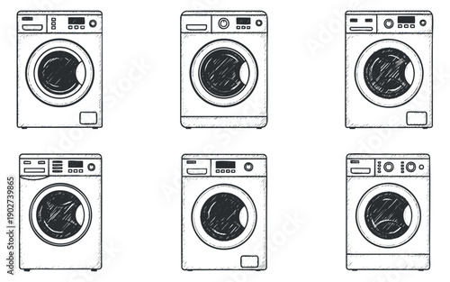 A set of six hand-drawn washing machines in sketch style, ideal for laundry service branding and home appliance illustrations