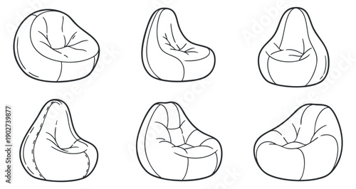 A set of six beanbag chairs in clean outline vector style, ideal for modern interior design and furniture concepts