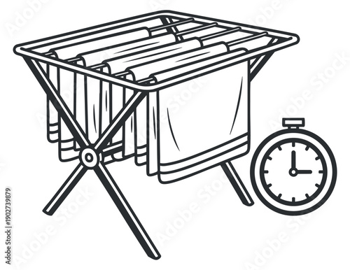 A clothes drying rack with towels and a timer in minimalist outline vector style, perfect for home laundry design